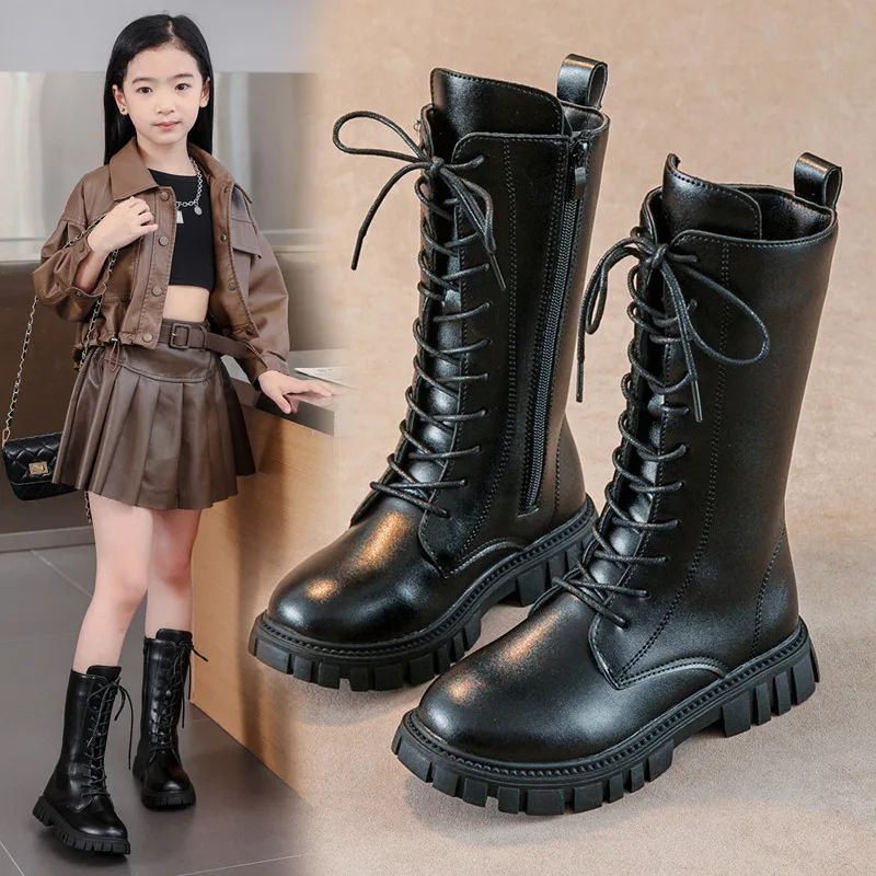 2022 Winter Baby Toddler Girl Lace Up Boots Fashion Black White Children Girl Boots 27-37#