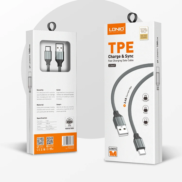 LDNIO LS441 из водонепроницаемого материала термопластичного эластомера TPE 100 см ультра прочный провод кабель 2.4A мобильный телефон для быстрой зарядки Кабель с разъемом USB