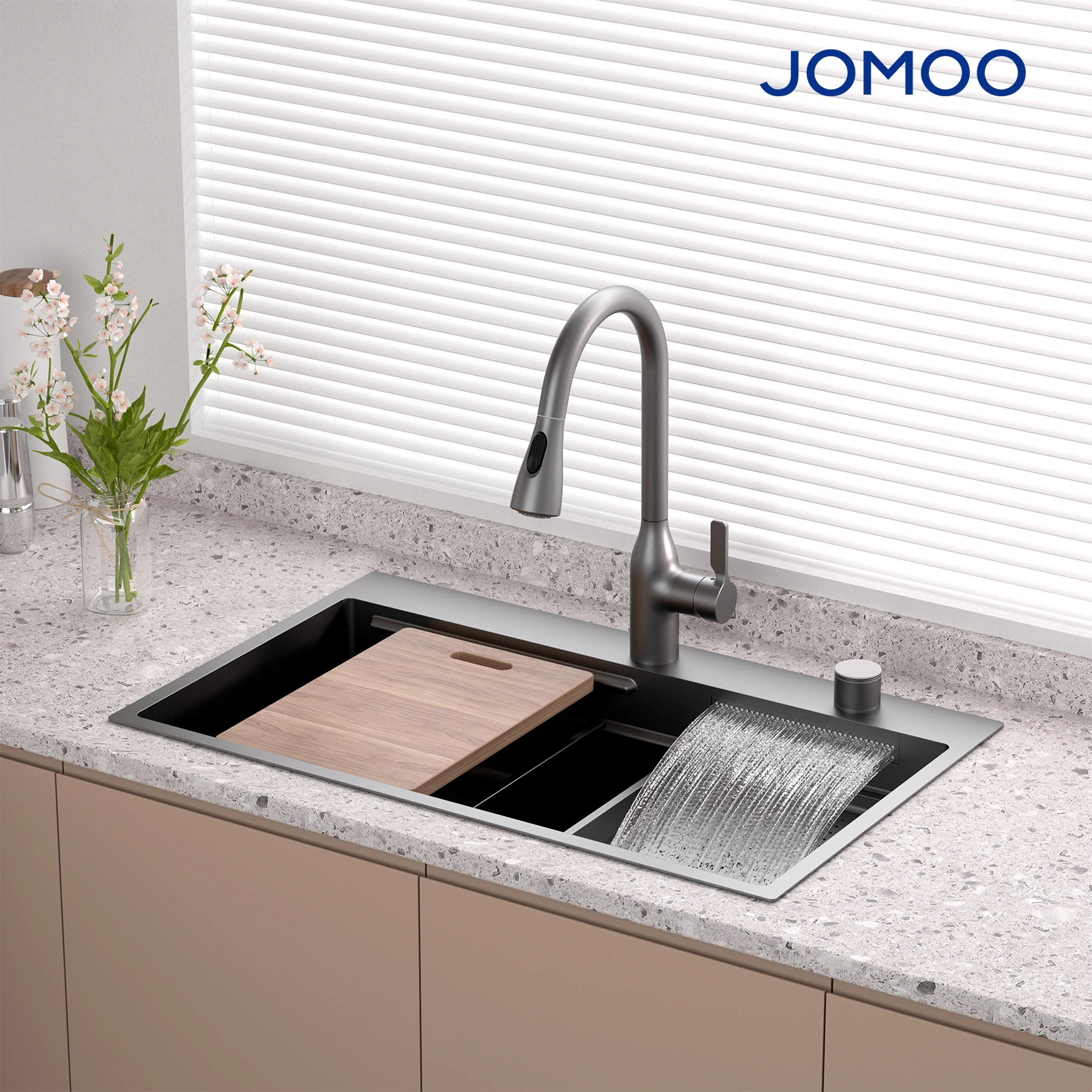 JOMOO Single Bowl Kitchen Sink Nano-coating Waterfall Faucet Anti-microbial Kitchen Sink Set 304 Stainless Steel 3mm Thickness