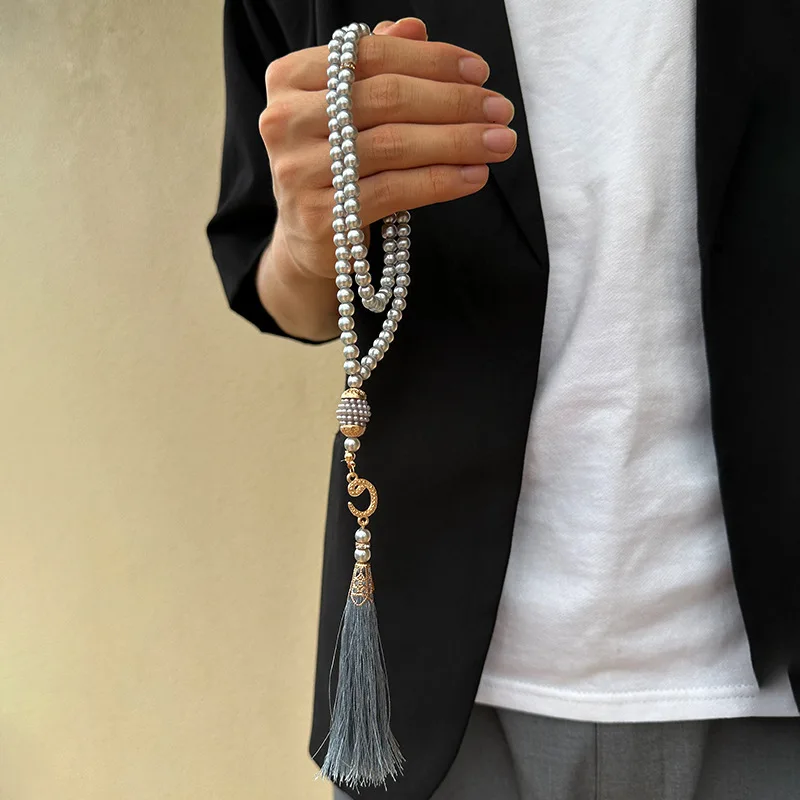 Muslim Rosary 99 beads 6mm Glass Imitation Pearl Tassel Necklace Middle East Islam Ramadan Eid Al-Fitr Al-Adha Ornaments
