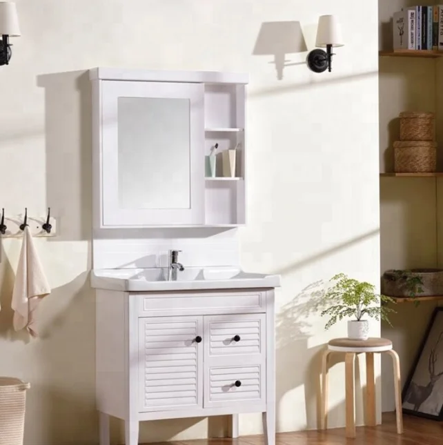 French modern waterproof double sink acrylic bathroom pvc cabinet washbasin rotating bathroom mirror cabinet