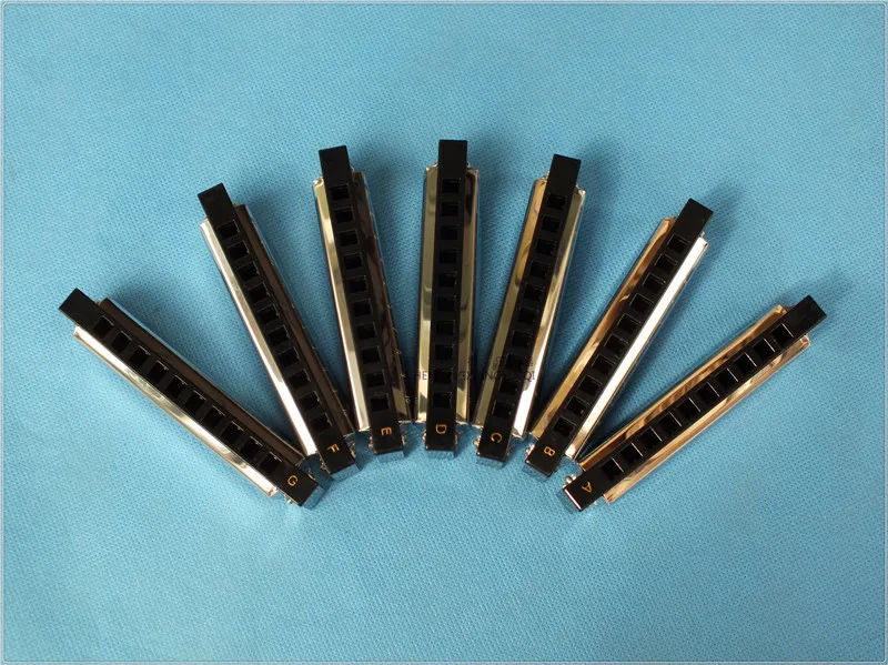 10 hole A/B/C/D/E/F/G silver harmonica musical instruments silver harmonica with different keys 10 holes 7 key set harmonica set