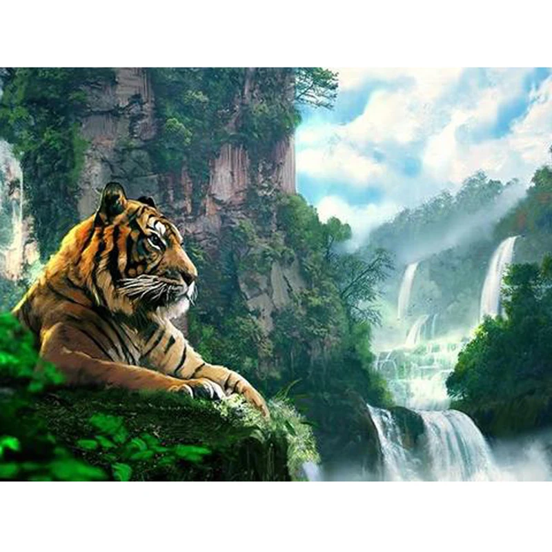 
The Lone Tiger And Waterfall Diamond Painting Full Round Drill Diy Diamond Embroidery Needlework Cross Stitch Home Decor 