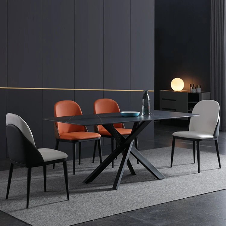 Philippines Stone top modern dining table set and chair fashion X metal leg minimalist style black marble dining table