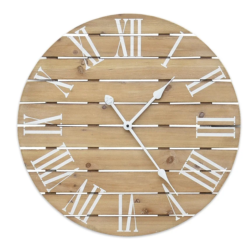 Hot Selling Large Size Roman Numerals Farmhouse Retro Big Wall Clock Splicing Mdf Wooden Strips Vintage Analog Wall Clock