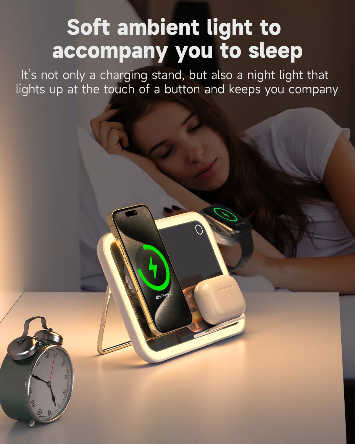 Night Light Table Lamp 3 in 1 Magnetic Wireless Charging Station LED Lighted Makeup Mirror QI2 Charger for iPhone/Watch/AirPods