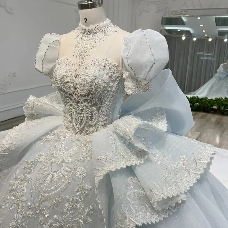 Elegant Light Blue Bridal Wedding Gown Skirt Handmade Beaded Gorgeous Design Princess Bubble Sleeves