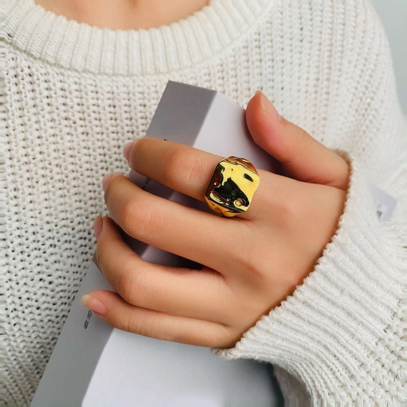 SUMMLY Irregular tin foil pattern crater ring ladies vintage titanium steel 18k gold plated ring accessories