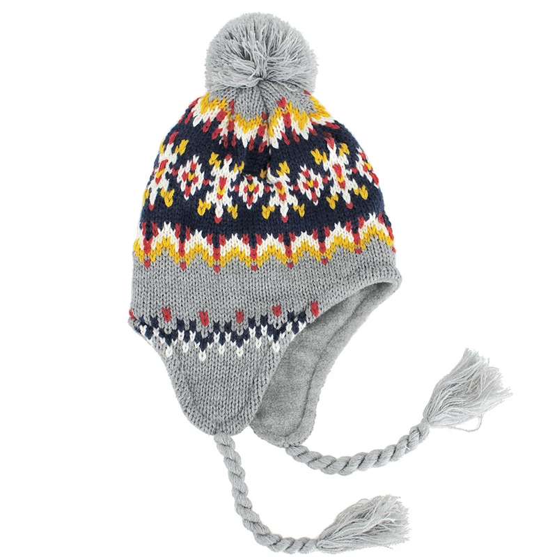 Custom keep warm children winter cute kids earflap jacquard beanie hats pom pom knitted hat