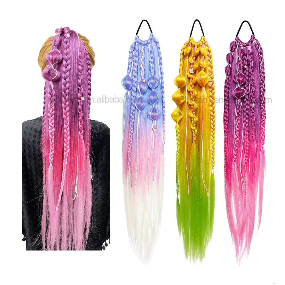 Shinein 24in Unicorn Color Synthetic Braided Ponytails Handmade Ombre Braid Ponytail Hair Extension for Women Cosplay