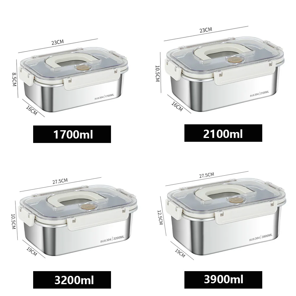 Microwave Oven Safe 304 Rectangle Airtight Lunch Container Fresh Keeping Box with Handle Stainless Steel Food Storage Container