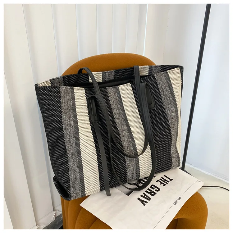 Drop Shipping 2022 New Korean Large-Capacity Shoulder Simple Vertical Stripes Casual Fashion Big Tote Handbags Bags