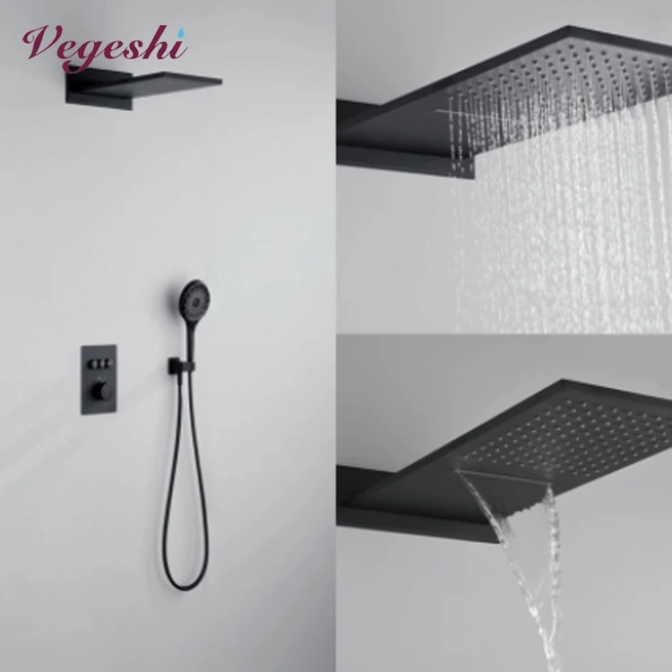 Vegeshi High Quality Wall Mounted Black Shower Faucets set Luxury Waterfall Bath Thermostatic 2-Function Concealed Shower Set