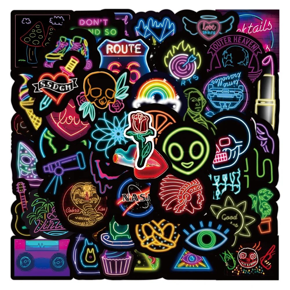 50pcs neon graffiti stickers car water cup notebook computer sticker waterproof wholesale pvc die cut cartoon Adhesive sticker