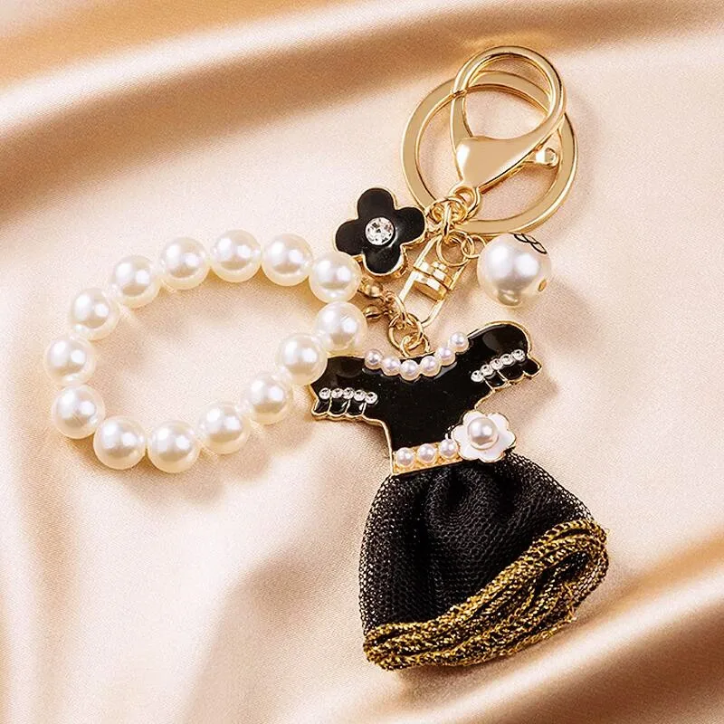 Cute Gift Black Skirt keychain Pearl Beads Wrist straps Dress key chains Ladies Bag Charm Pendant Pearl Key Rings Women Keychain