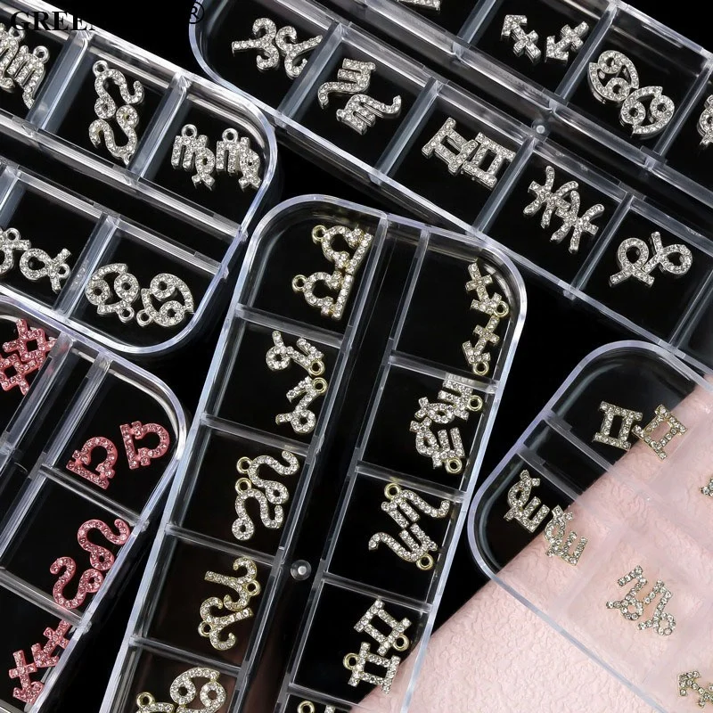 New Diamond Nail Charms Numeric Letter DIY Metal Inlaid Rhinestone Nail Decoration 12 Constellation Nail Charms