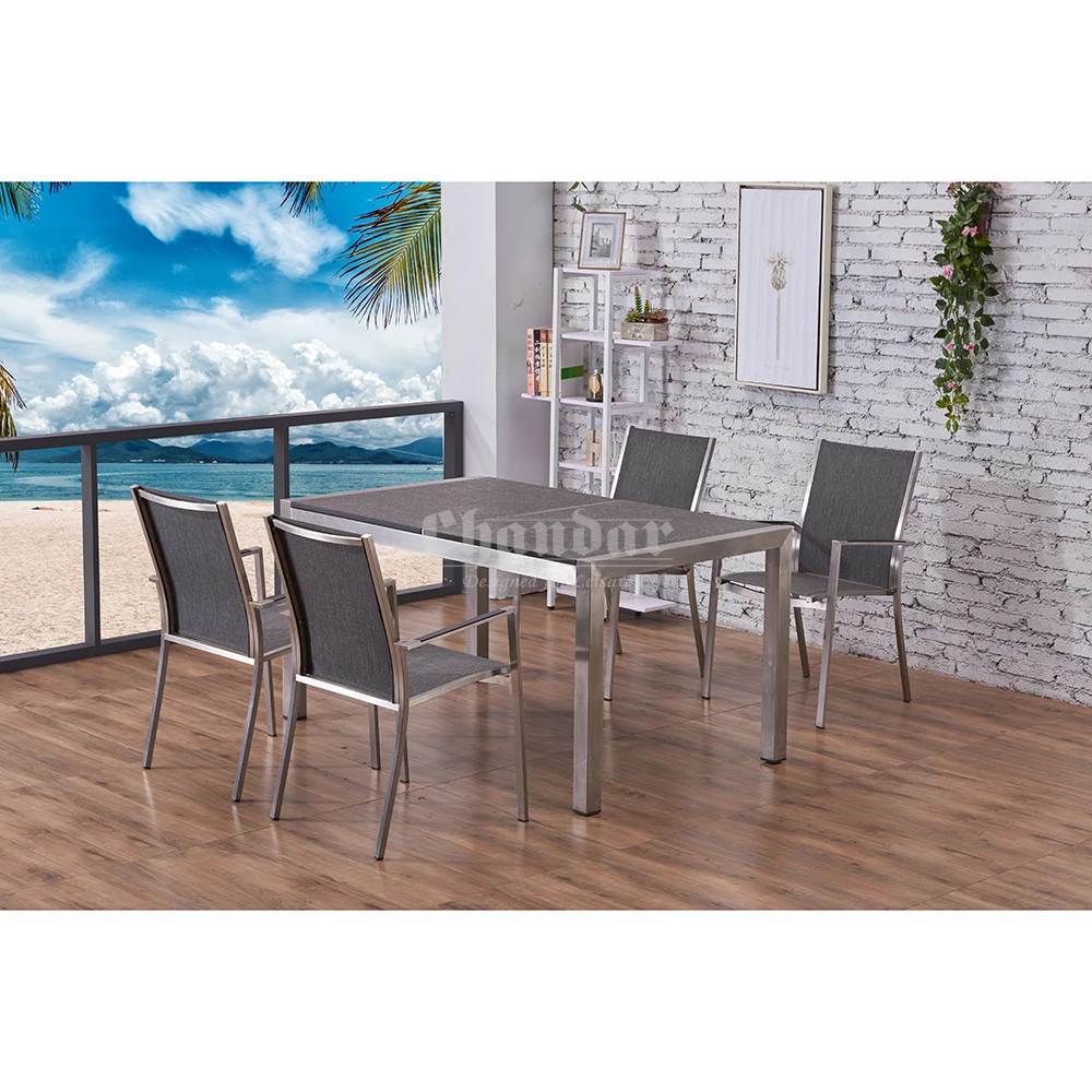 Stable Rustproof Inlay Structure 304 Grade Stainless Steel Frame Outdoor Granite Patio Garden Dining Tables And Chairs