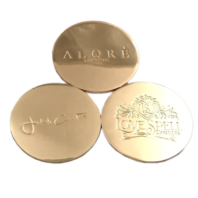 
Custom engraved embossed logo size shiny gold color metal zinc alloy candle glass jar cup lid high quality 