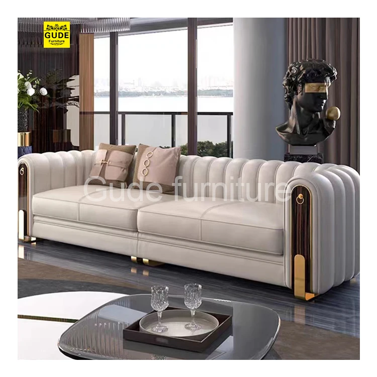 Luxury Living Room Furniture White Leather Upholstered Chesterfield Sofa Set Solid Wood Sofa Set GUDE Sofaset Living Room Modern
