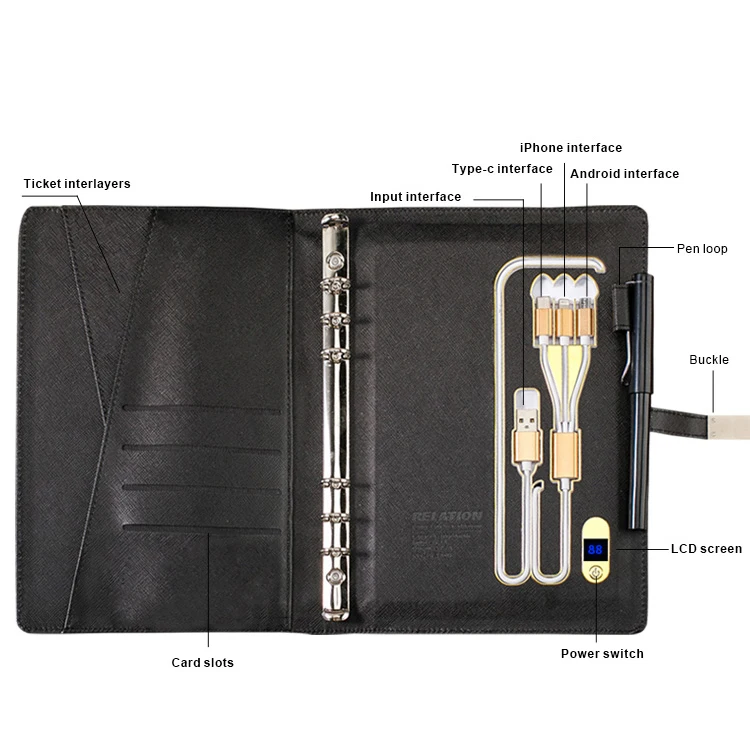 A5 Size Notebook 5w Wireless 10000mah Charging Power Bank Diary Planner Notebook With Lighting Logo and USB