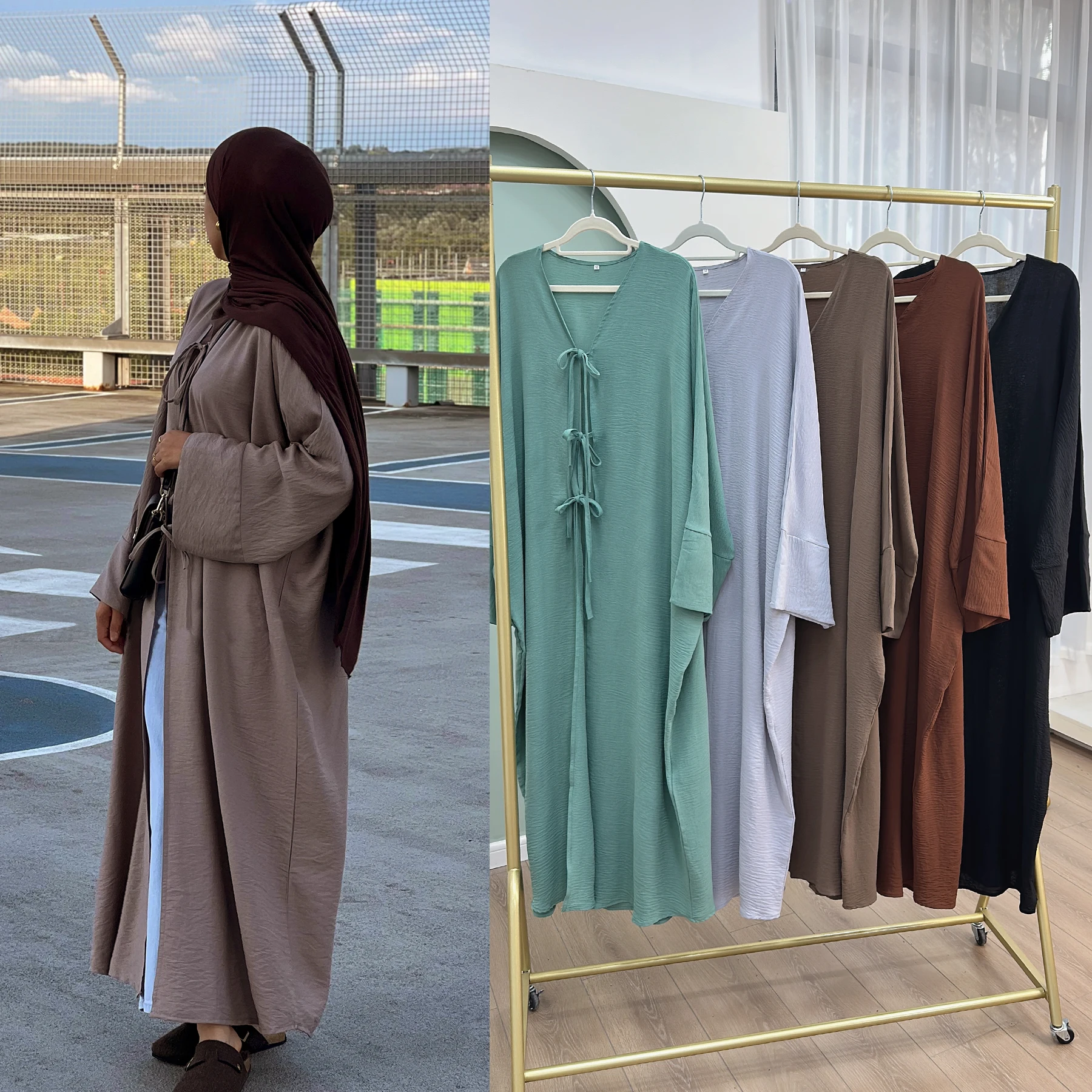 Loriya Solid Color Modest Crepe Trend Abaya 2025 Oversized Cutting Bow Tie Kimono Open Abaya Women Clothing Muslim Dubai Dress
