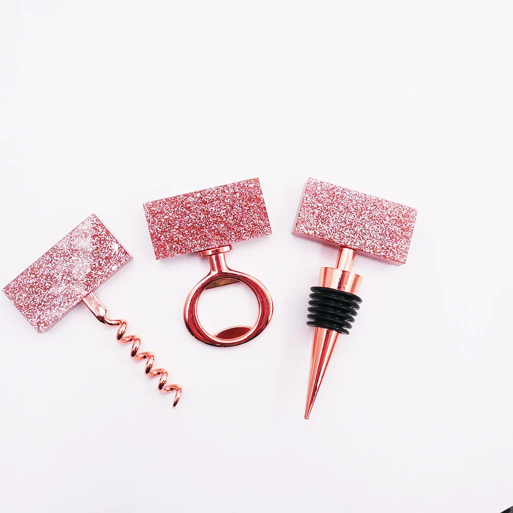 
new design sparkle rose gold acrylic cocrkscrew stopper bottle opener crystal wine set 