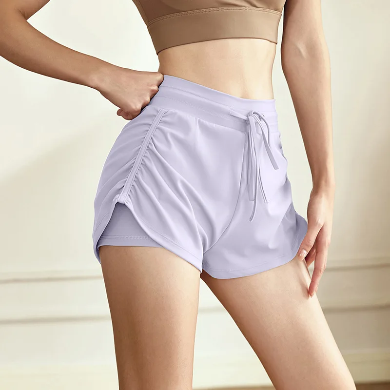 Wholesale Women Quick Dry Double Layer 2-in-1 Running Yoga Shorts Drawstring Flowy Hem Fitness Workout Athletic Wear Clothing