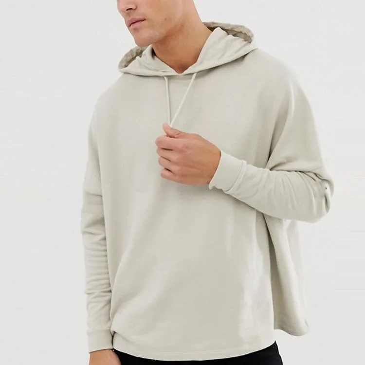 Autumn fashion 260gsm light weight hoodie no pocket beige raw hem men bamboo hoodie