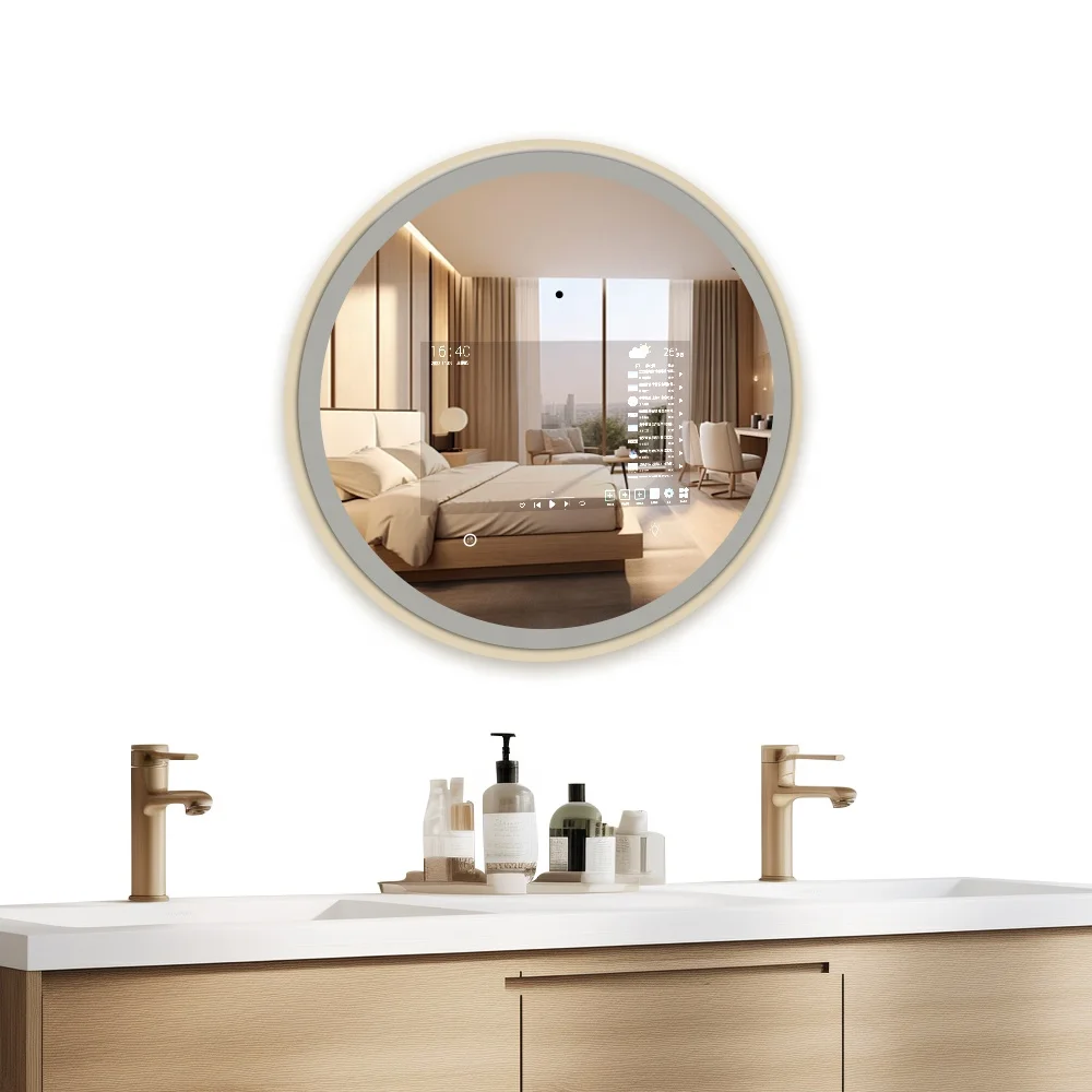 13.3 inch Round LED Mirror with Time Weather TV Display Wall Mirrors Makeup Mirror