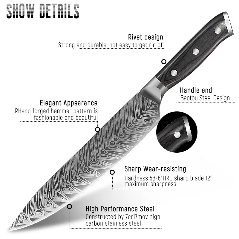 Professional   damascus laser patter steel luxury   black  kitchen knife set with oak wooden block and  acrylic stand