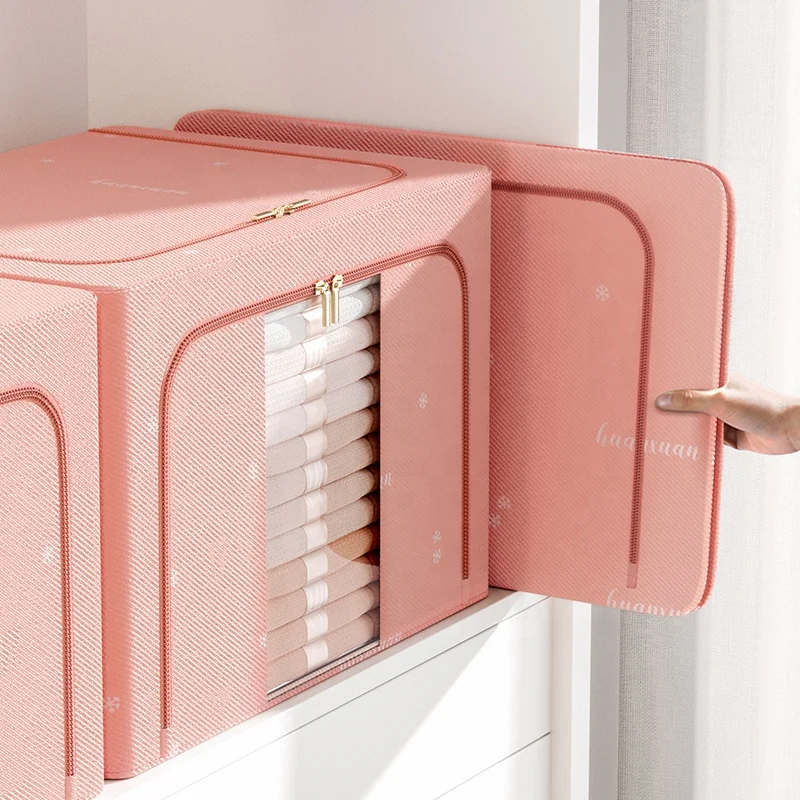 66L Quilt Blanket Folding Wardrobe Fabric Organizer Bin Steel Frame Oxford Cloth Pink Storage Box Gabardine Container Bag