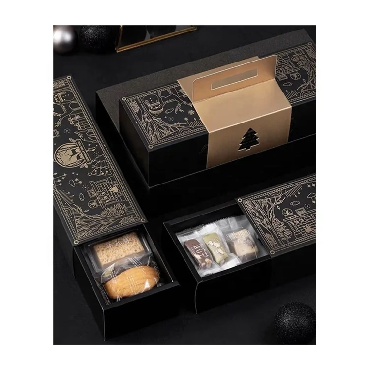 Beheart Gold Stamping Candy Gift Handle Paper Black Pastry Boxes Christmas Luxury Cookies Box Packaging