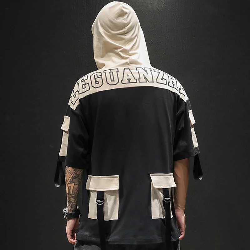 Hipster multi pockets swag short sleeve streetwear Men T shirt Fashion colorful splice hooded  Hip Hop Men Oversized Tees Tops