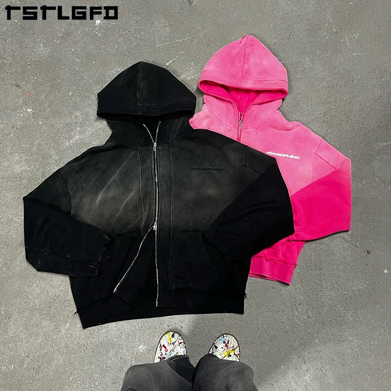 Custom Heavyweight 400 500 Gsm Terry Fleece Zip Jacket Cropped Oversized Boxy Fix Distressed Acid Wash Double Zipper Hoodies Men
