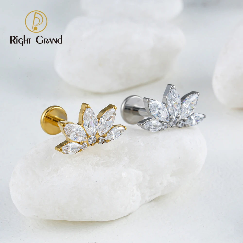 Right Grand ASTM F136 Piercing Titanium Marquise  CZ Flower Flat Back Stud Labret Tragus Helix Labret Piercing Earring Piercing