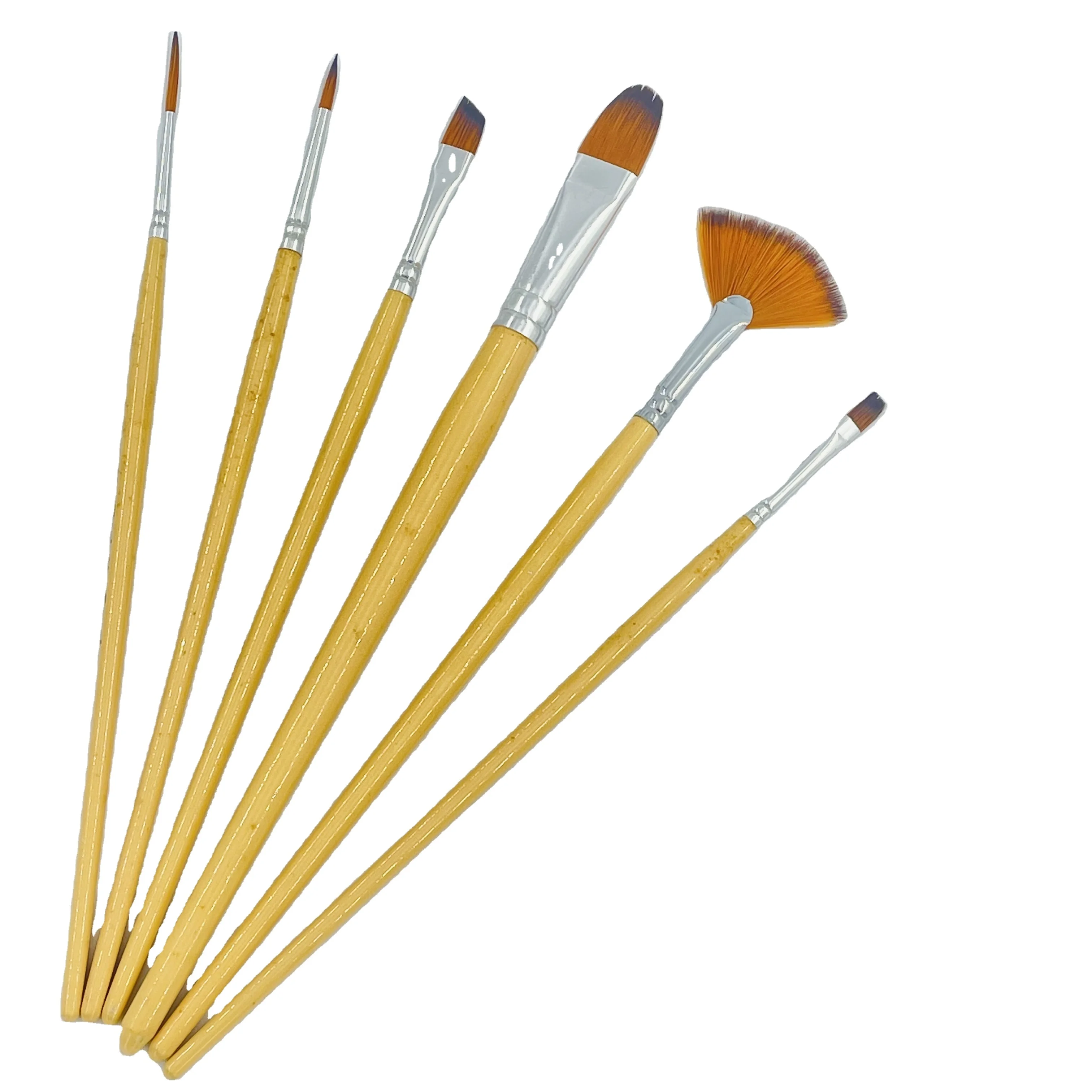 6pcs different sharp creamy yellow color wooden handle copper tube tiger color nylon hair acrylic paint brush set for oil paint
