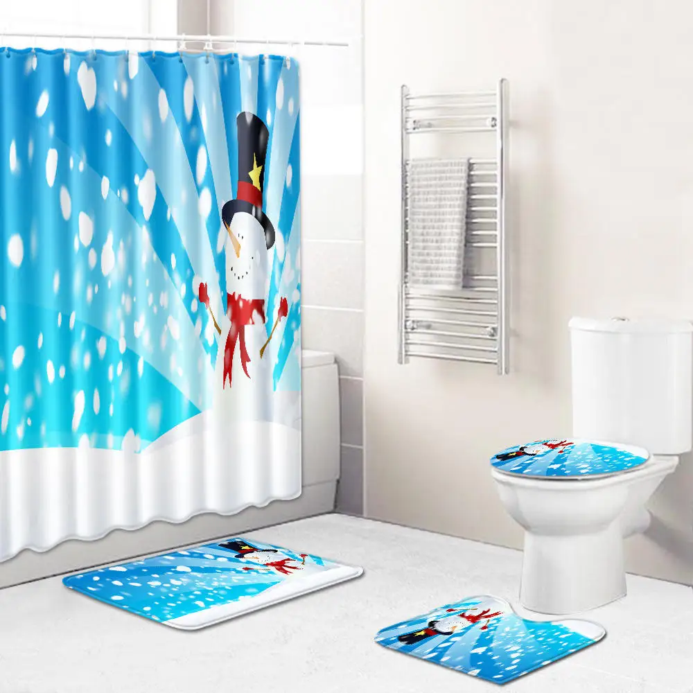 4PCS Christmas Theme Shower Curtain Set Bathroom Shower Christmas Shower Curtain Set For Bathroom