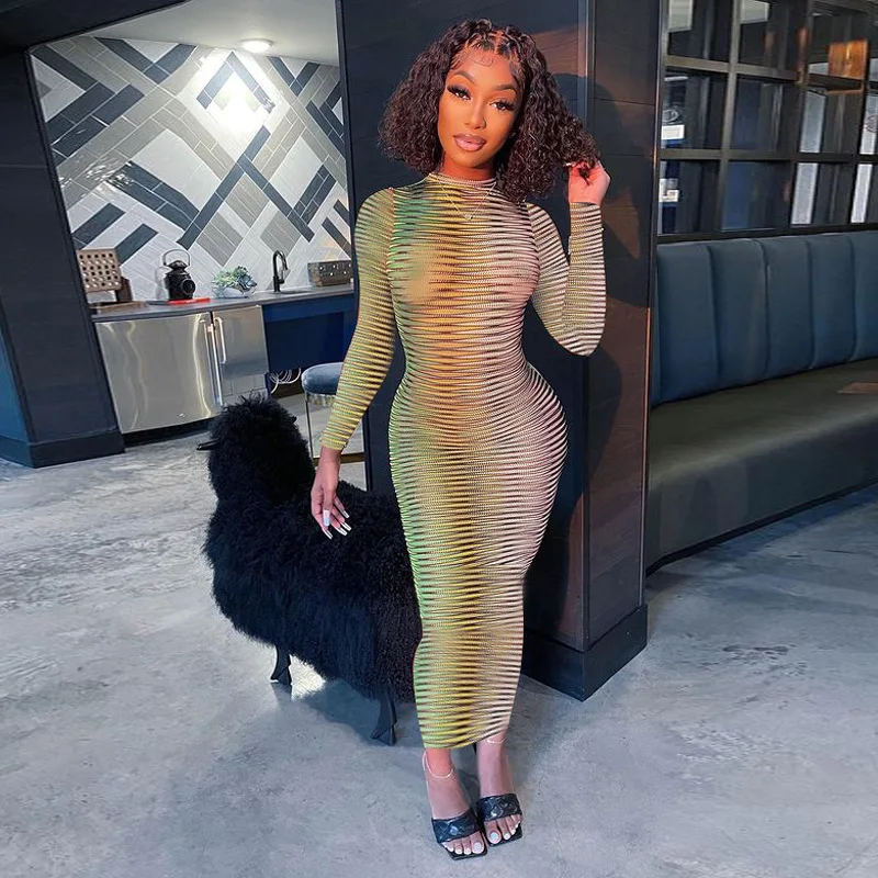 Autumn Winter Dress Snake Print Long Sleeve Bodycon See Through O Neck High Street Fashion Women Wholesale Clothes