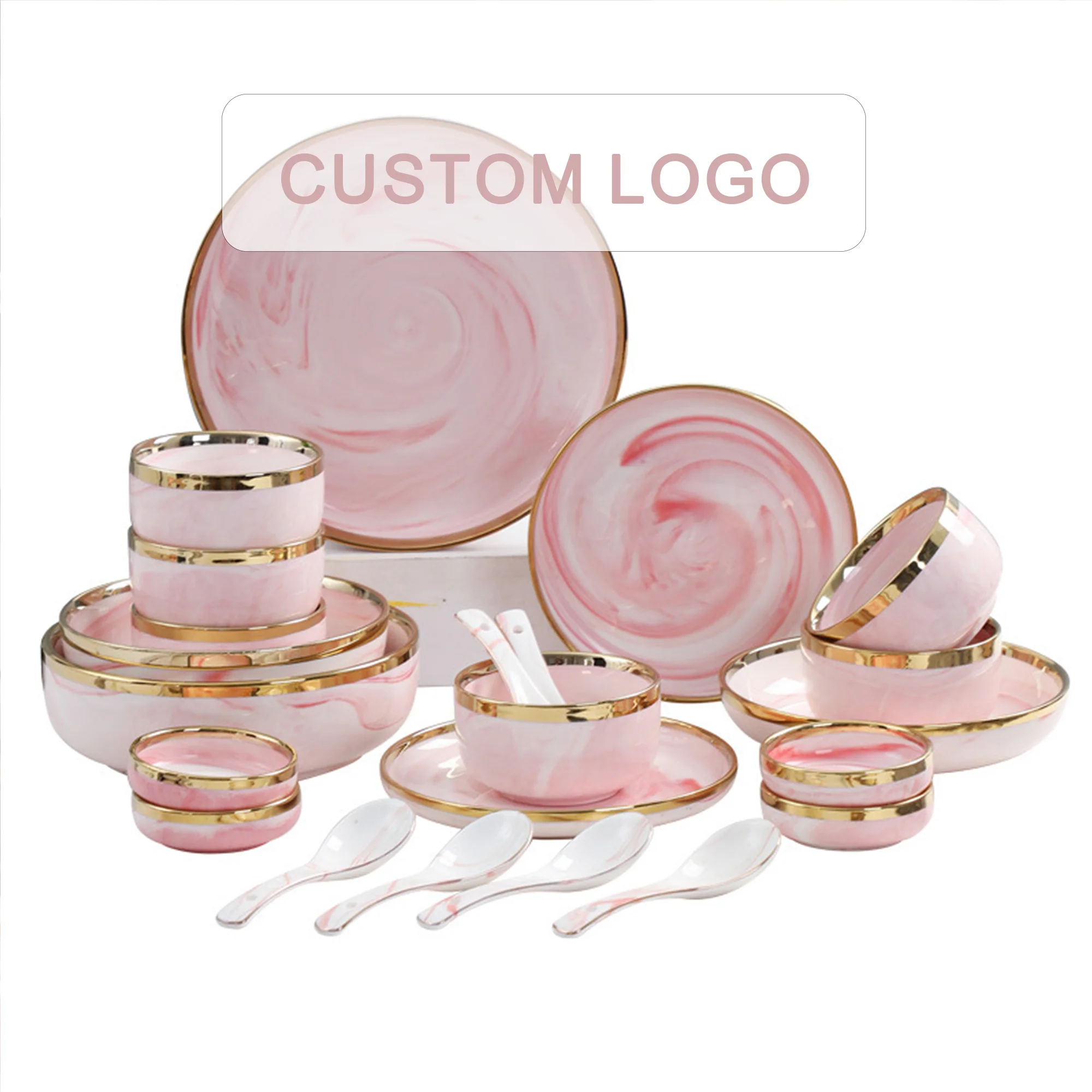 Factory Nordic Marble Pink Gold Trim Plate Set Porcelain Tableware Patra Chinese Porcelain Ceramic Tableware Dish