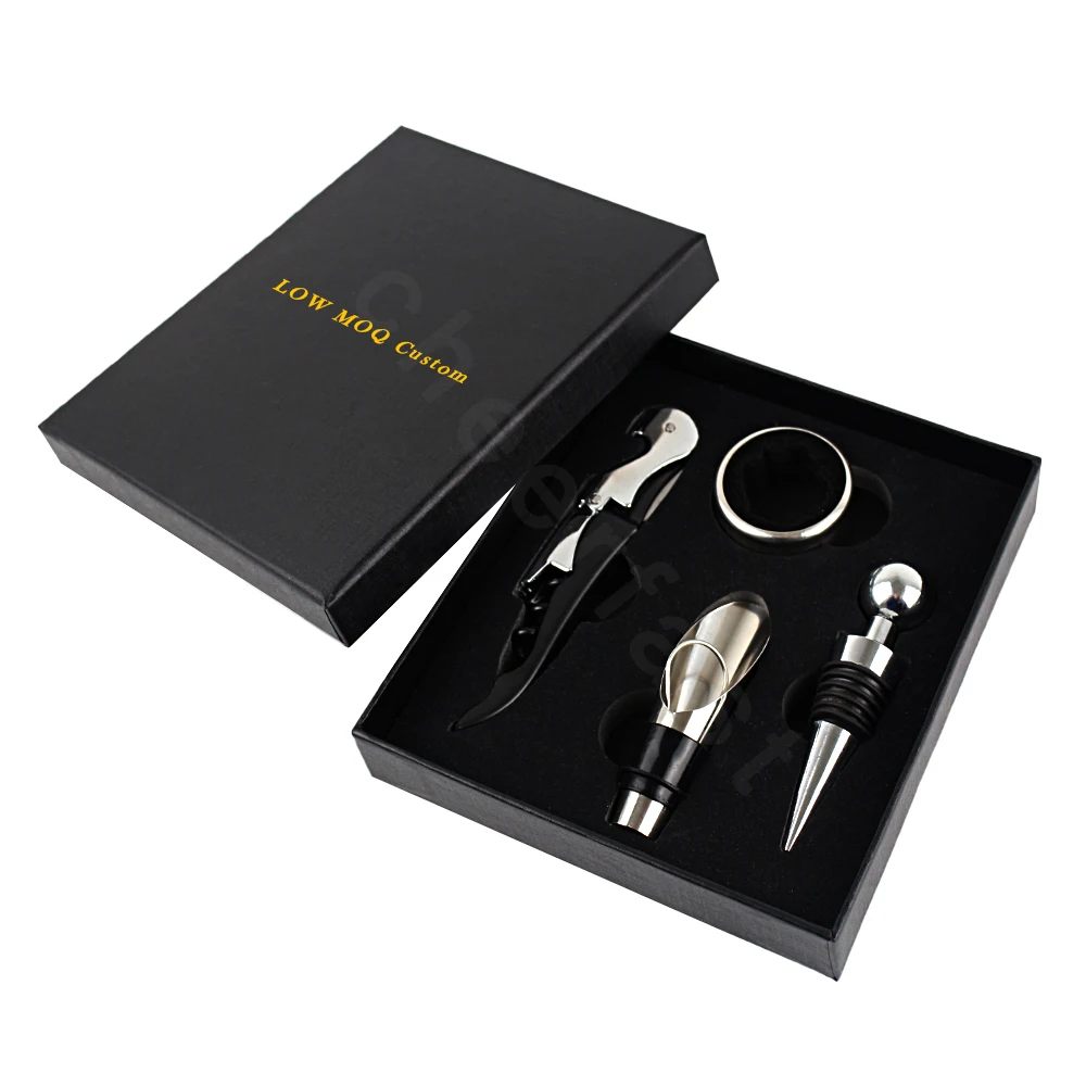 Customized logo and package wine bottle accessory gift set opener stopper corkscrew and corkscrew and wine stopper set