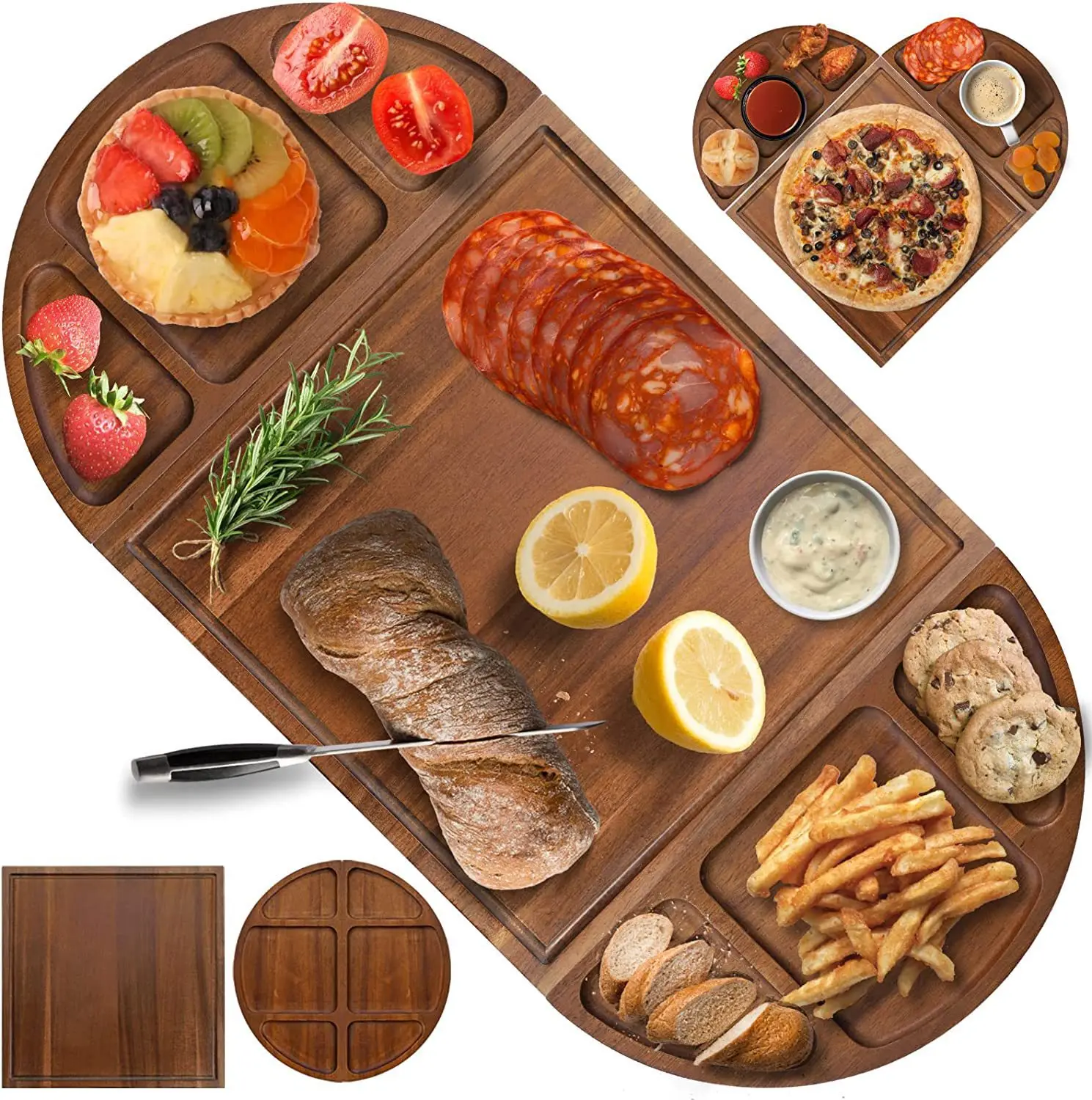 New Design Acacia Large Charcuterie Board 3 Part Square and Semicircle Magnetic Connection Cheese Board Wooden Serving Tray