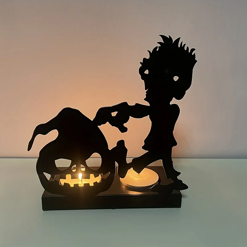 Halloween skeleton candle holder wrought iron crafts Black Metal Candlesticks Ghost Festival atmosphere glowing decoration props