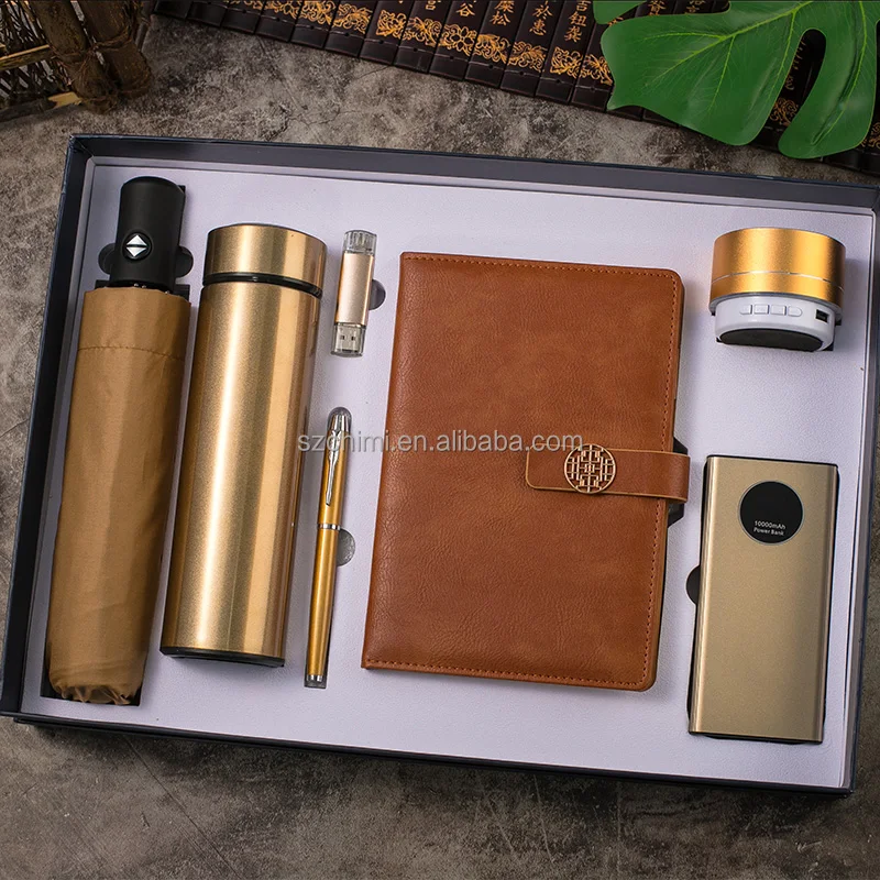 Custom Leather Notebook Metal Pen Power Bank USB Flash Drive Speaker Vacuum Flask Corporate Gift Set for Office Gift Box Set