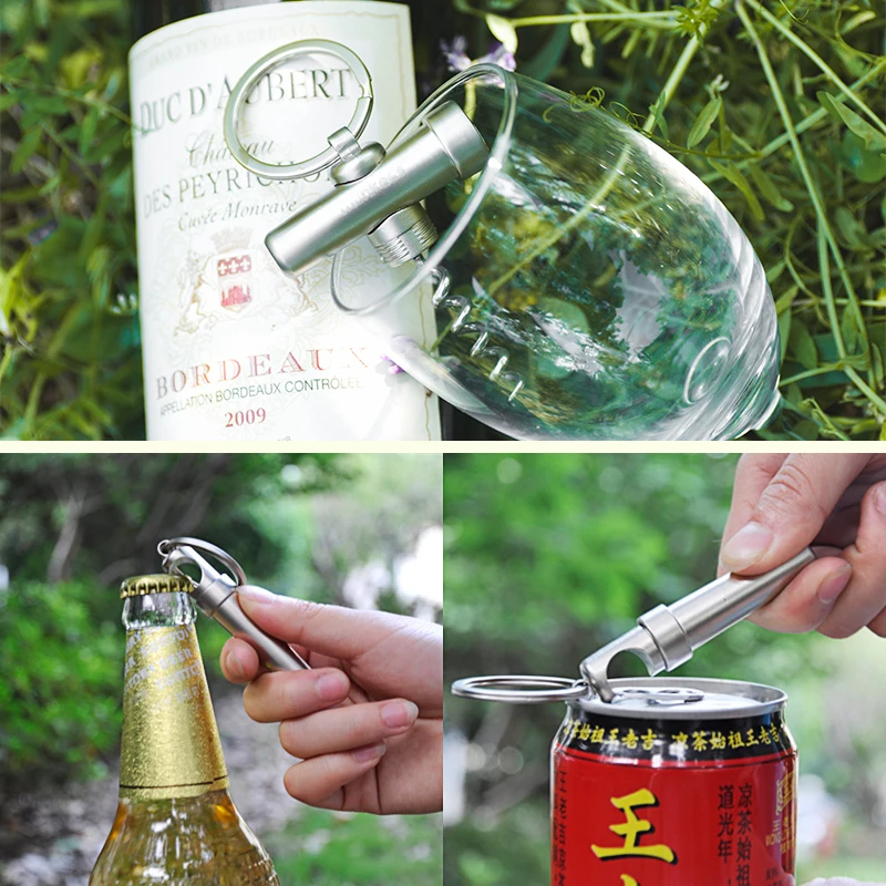 Portable Creative Zinc Alloy Bottle Opener Keychain 3In1 Outdoor Wine Beer Can Opener Wood Corkscrew Kitchen Tools