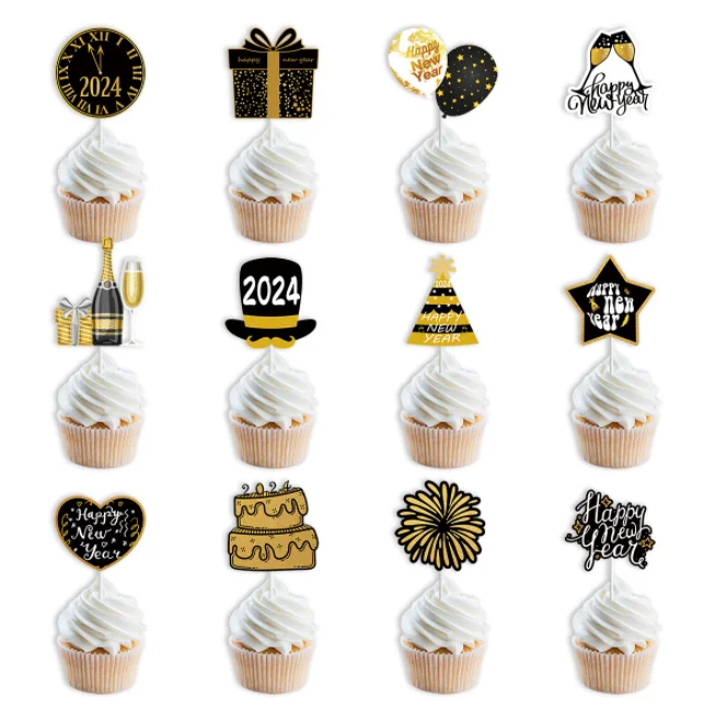 Gold Black Happy New Year hat Hello 2025 firework gift design Cupcake Toppers Cake toppers for Cheer New Year Eve Party supplies
