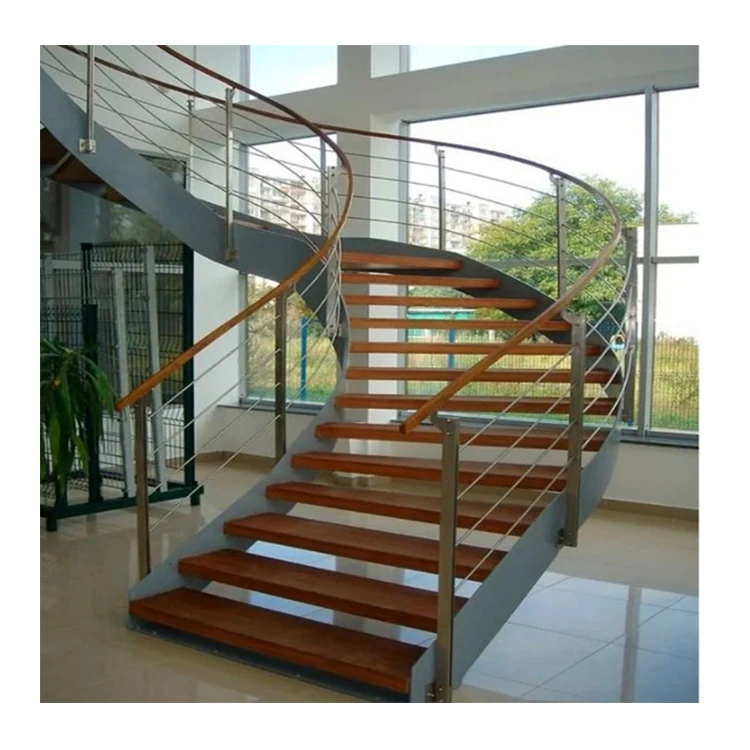 DIY Curved Shape Steel Bar Round Staircase Design Villa Indoor Iron Spiral Arc Stairs