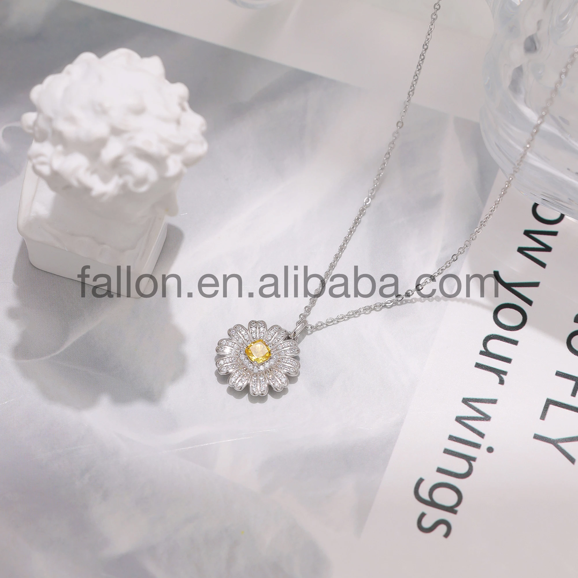 S925 5A+ CZ Stone Original Design Yellow Special cutting Zircon Daisy-Shaped White Gold Plated Sterling Silver Pendant Necklace