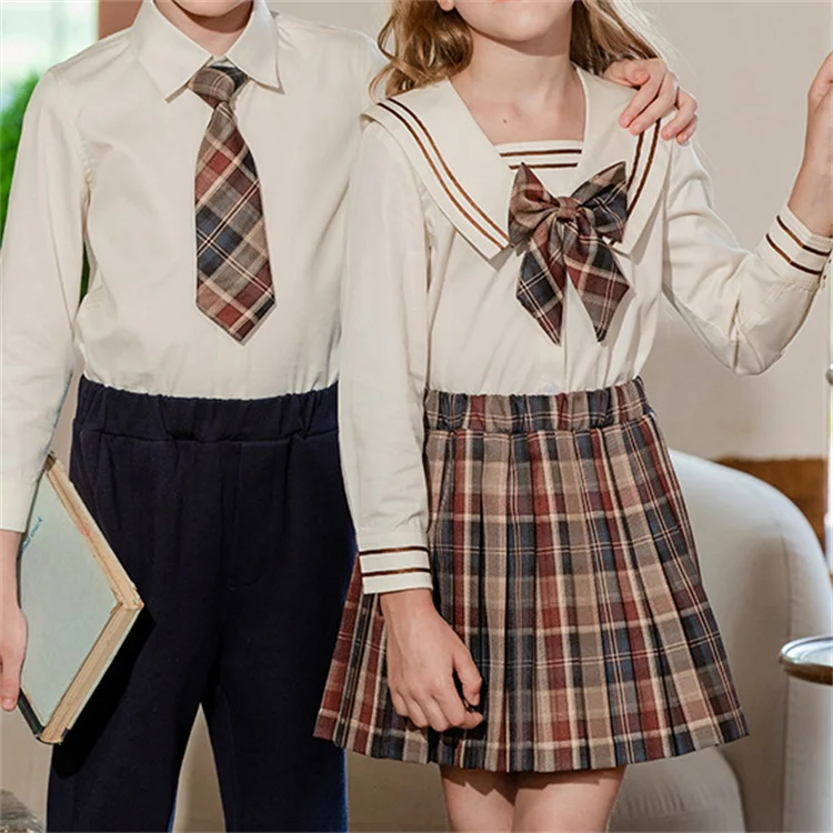 RG-Modern design 3 pieces set cardigan shirts and bottoms sets brown school uniform
