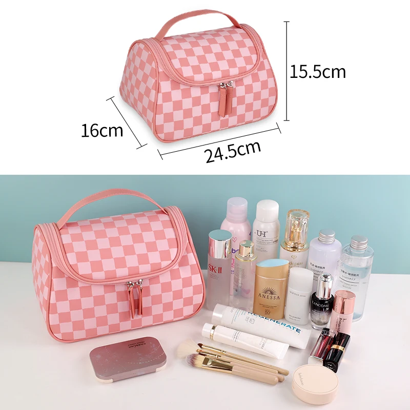 OEM Ciffnoo NO.10656 pink checkered printed Large capacity makeup storage nylon cosmetic bag with logo