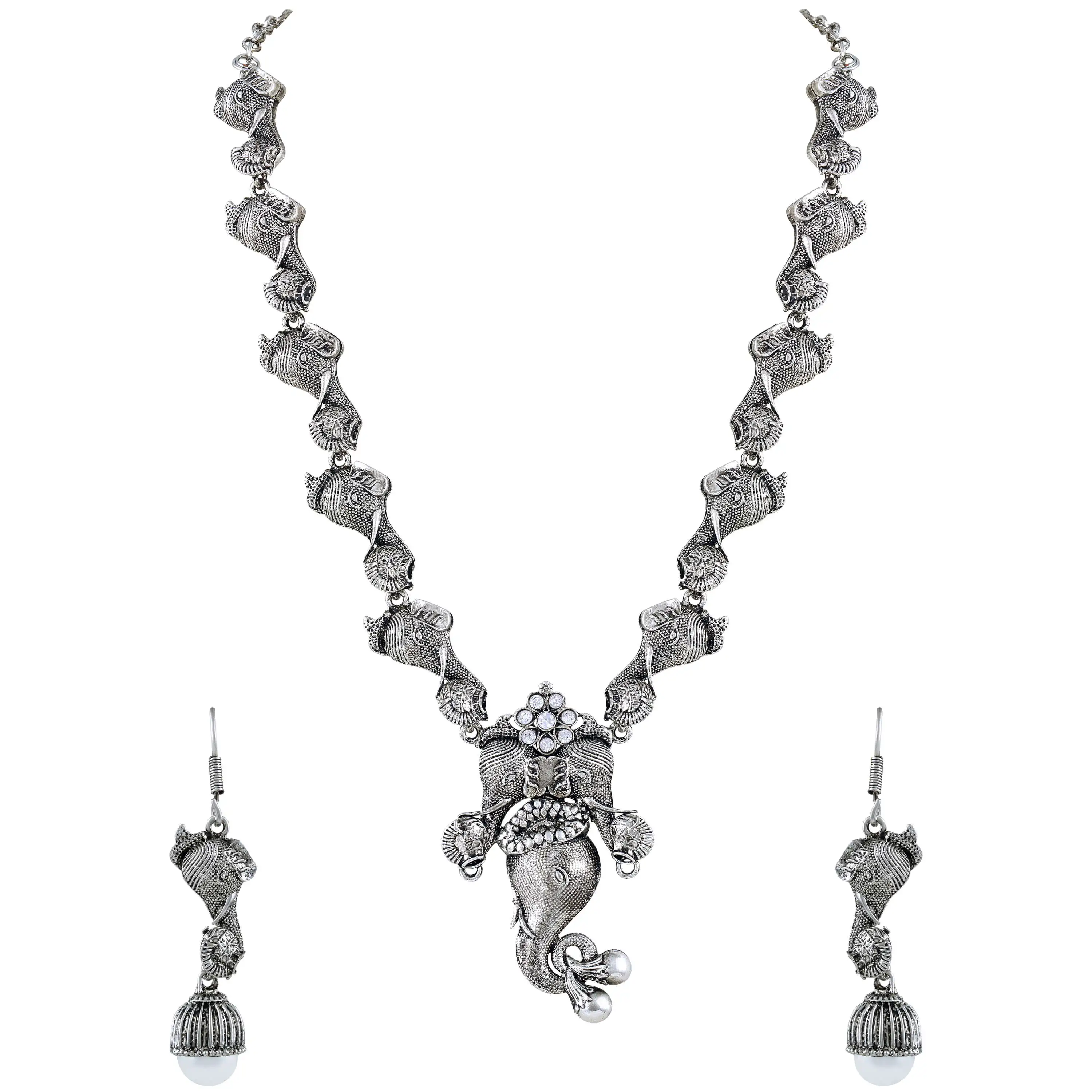 
Wholesale Indian Asmitta Fancy Elephant Design oxidised Silver Plated Matinee Style Necklace Set For Women 